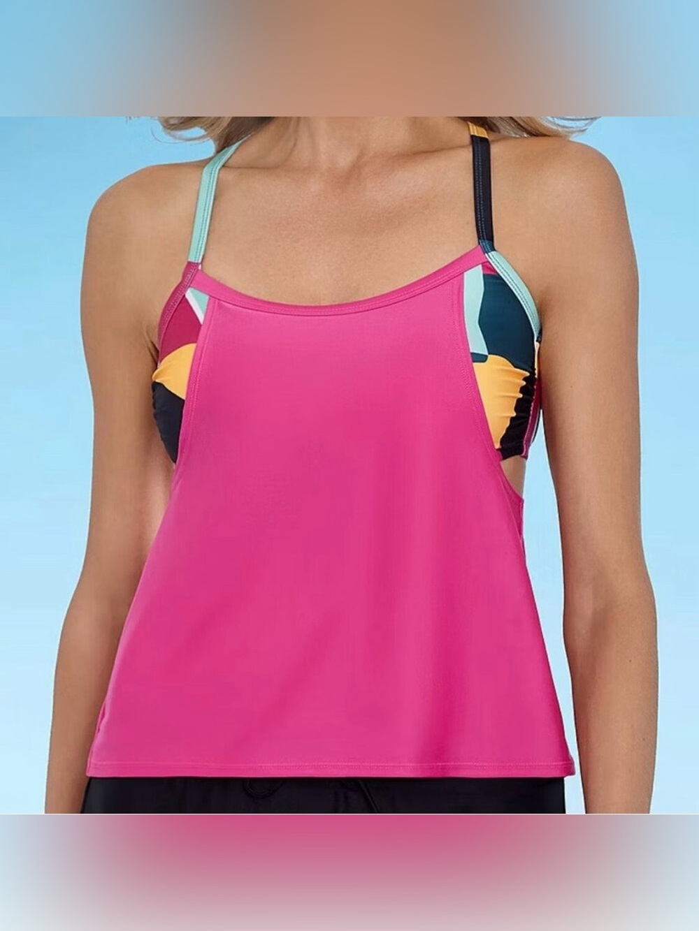Xersion Hot Pink Tankini Swim Top with Multicolor Straps